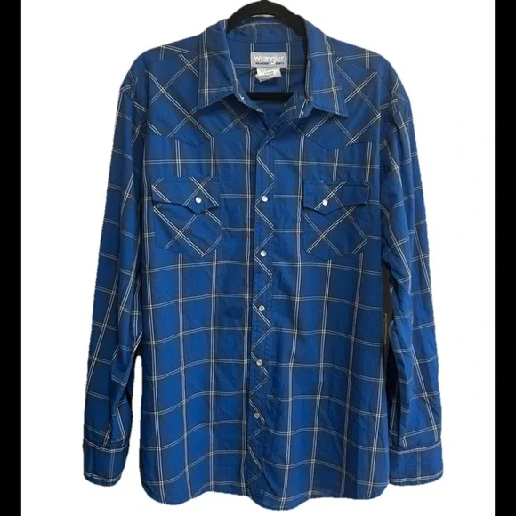Wrangler Wrancher Shirt SizeXL Blue Plaid Western Pearl Snap Button Brushpopper - Picture 7 of 7